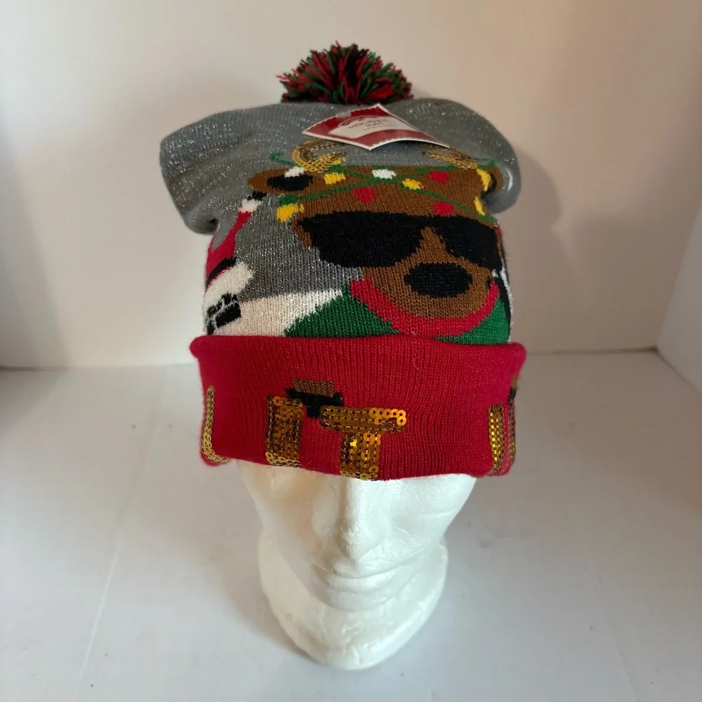 Holiday Beanie with Pom Pom - Gray and Red - Picture 3 of 5
